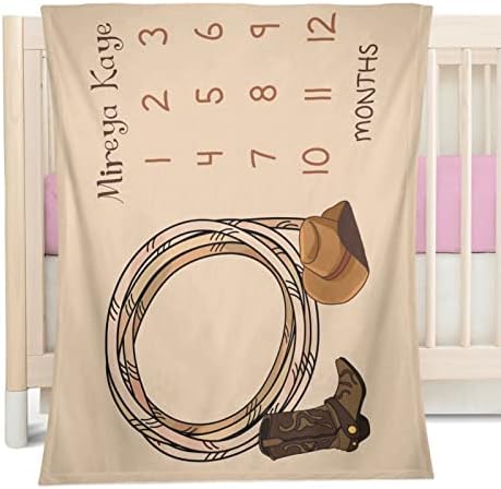 Deven Personalized Baby Blanket - Soft Cowboy Hat Boot Milestone Blanket 30x40 in