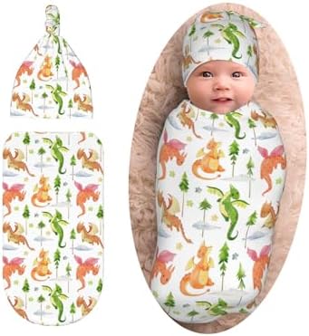 Dragon and Tree Print Swaddle Blanket with Beanie Set