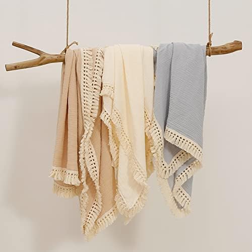 Insular Cotton Muslin Baby Blanket with Tassel 47x40 Khaki