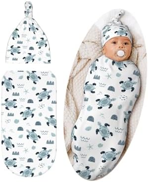 Lcokin Sea Turtle Baby Swaddle Set with Beanie Hat
