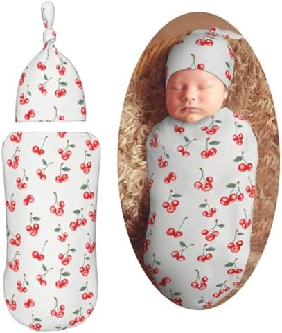 Small Red Cherries Swaddle Blanket Hat Set for Newborns