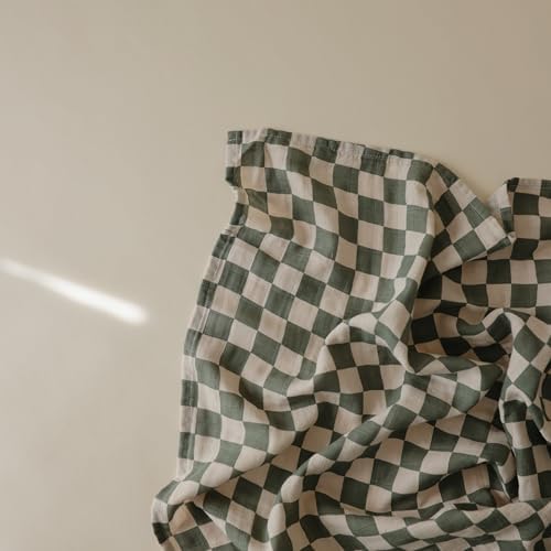 Mushie Muslin Swaddle Blanket - Olive Check 100 Organic Cotton
