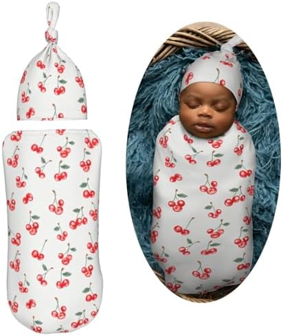 Small Red Cherries Swaddle Blanket Hat Set for Newborns