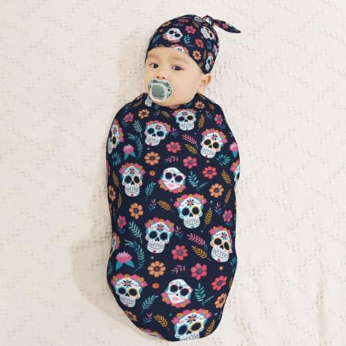Muishi Sugar Skulls Flower Swaddle Blanket and Beanie Hat Set