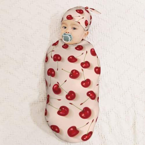Red Cherrys Pattern Newborn Swaddle Blanket Hat Set