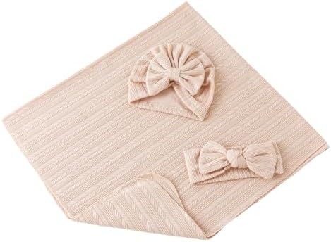 Jastore Baby Swaddle Blankets 3PCS with Hat and Bow Headband