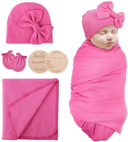 AQOKKA Newborn Swaddle Blanket with Bow Hat Mittens Wooden Card Set