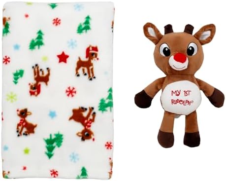 2-Piece Cuddle Plush Rattle and Blanket Set Rudolph Christmas Print