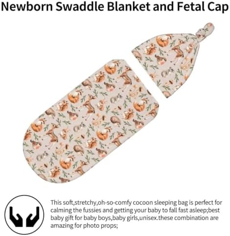 Qiankang Cartoon Animals Swaddling Blanket Beanie Set
