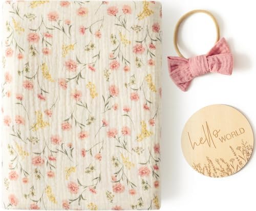 Little Jump Pink Floral Swaddle Blanket and Bow Set