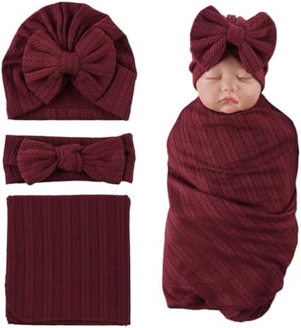 OMUKY Newborn Swaddle Blanket and Headband Set Wine Red