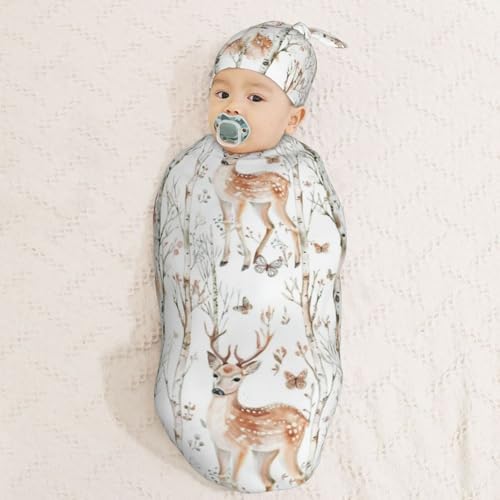 Cute Deer Wooden Swaddle Blanket with Beanie Hat Set