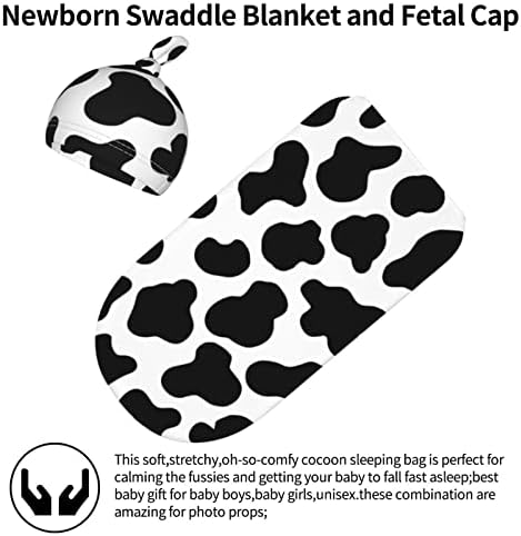 Norchzi Cow Print Swaddle Blanket Hat Set for Newborn Babies