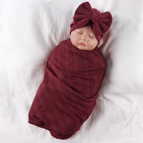 OMUKY Newborn Swaddle Blanket and Headband Set Wine Red