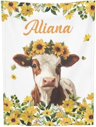 Customized Baby Blanket with Name Cow Pattern Flannel Blanket