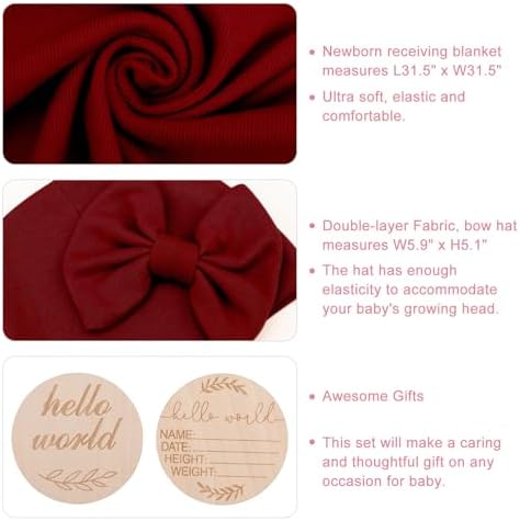 AQOKKA Newborn Swaddle Blanket with Bow Hat Mittens Wooden Card Set 1