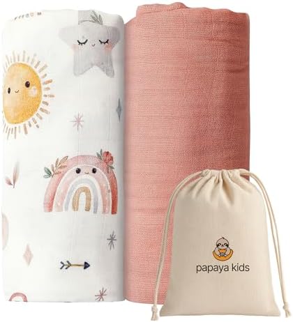 Papaya Kids Muslin Swaddle Blankets - 2 Pack Clouds Pink