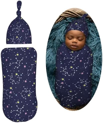 Muishi Space Stars Newborn Swaddle Blanket and Hat Set