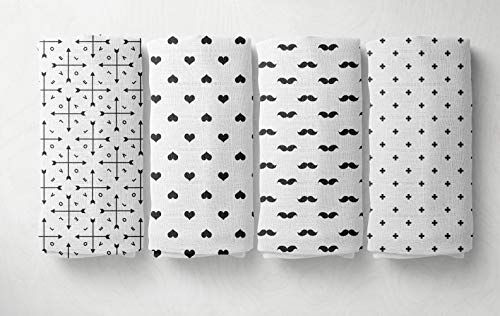 Bacati 4 Piece Love Muslin Swaddling Blankets BlackWhite
