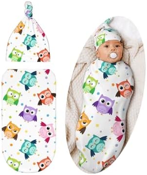 Cute Owls Swaddle Blanket Set with Beanie Hat for Newborn 1