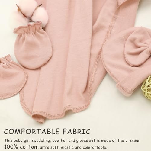 AQOKKA Newborn Swaddle Blanket with Bow Hat Mittens Wooden Card Set