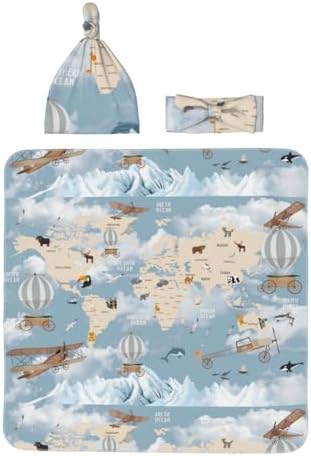 Salelf Animals Travel World Map Swaddling Blanket 3PCS Set