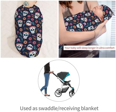 Muishi Sugar Skulls Flower Swaddle Blanket and Beanie Hat Set