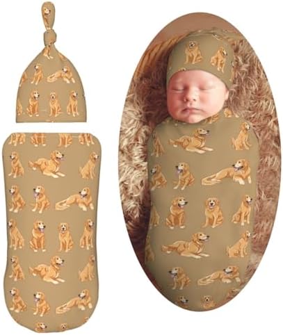 Funny Cute Golden Retriever Swaddle Blanket and Beanie Hat Set