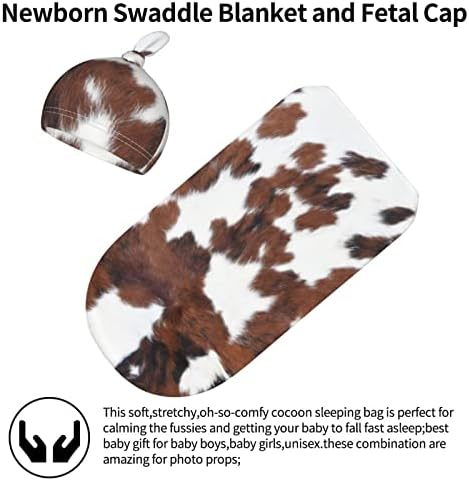 Brown Cow Print Swaddle Blanket with Hat for Newborns