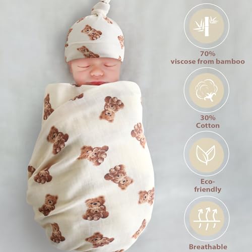 LifeTree Muslin Swaddle Blanket with Bear Hat Set