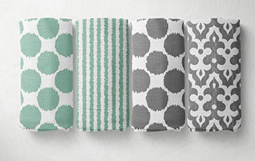 Bacati Ikat Mint Grey Dots Stripes Swaddling Muslin Set of 4