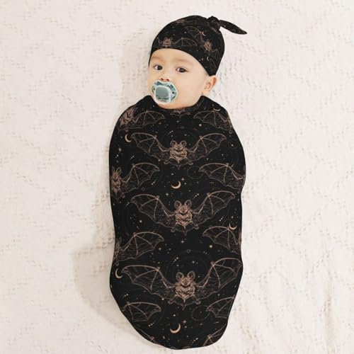 Night Bat Moon Newborn Swaddle Blanket Hat Set