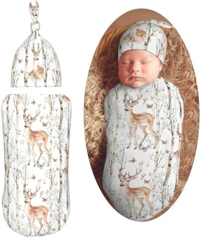 Cute Deer Wooden Swaddle Blanket with Beanie Hat Set