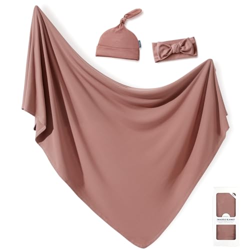 GRSSDER Newborn Swaddle Blanket with Headband and Beanie Set