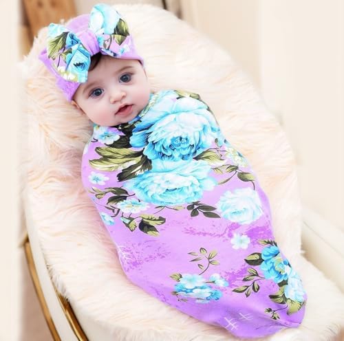 Galabloomer Newborn Baby Swaddle Blanket and Bow Set