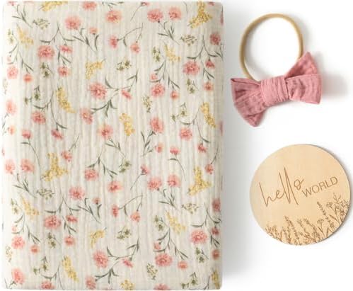 Little Jump Pink Floral Swaddle Blanket and Bow Set