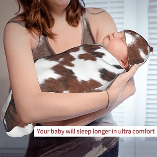 Brown Cow Print Swaddle Blanket with Hat for Newborns