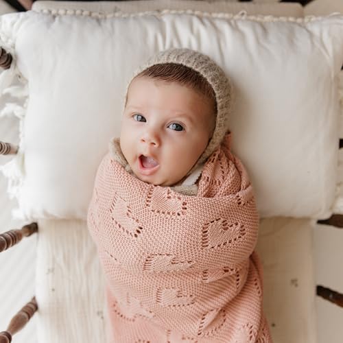 Bleu La La Swaddling Blanket for Girls - Pink Heart Cotton Knit Blanket