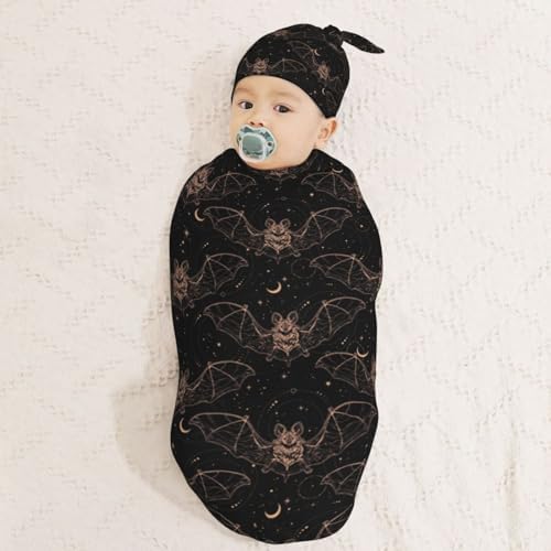 Night Bat Moon Newborn Swaddle Blanket Hat Set