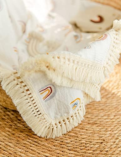 CHUNGEL Boho Rainbow Baby Blanket 40x47 Gender Neutral Tassel Muslin with Fringe