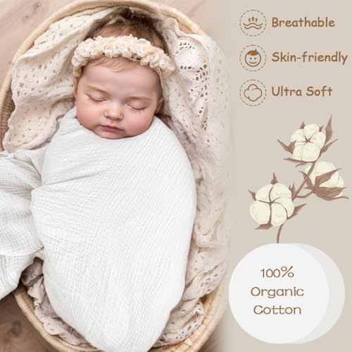 Breebleep Muslin Swaddle Blankets - 3 Pack White 47x47 Inch