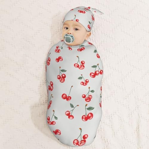 Small Red Cherries Swaddle Blanket Hat Set for Newborns