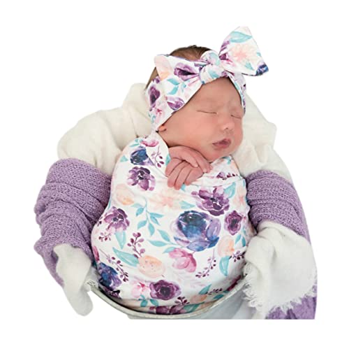 Terriboo Newborn Floral Print Swaddle Blanket with Headband and Beanie