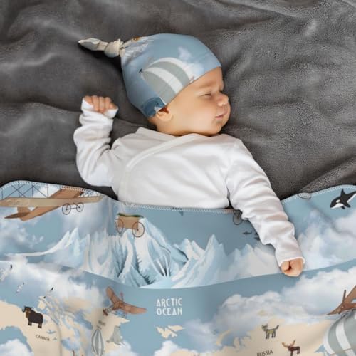 Salelf Animals Travel World Map Swaddling Blanket 3PCS Set