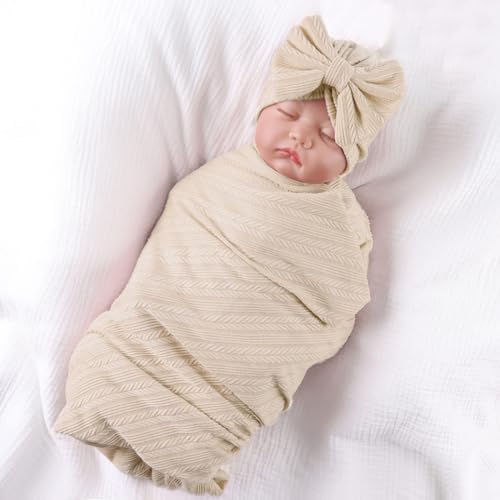 OMUKY Newborn Swaddle Blanket Set with Beanie and Headband