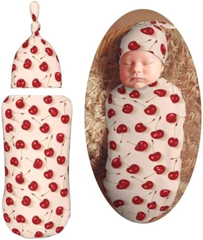 Red Cherrys Pattern Newborn Swaddle Blanket Hat Set