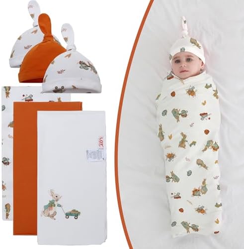 Baby Cotton Swaddle Blanket with Hat 3 Pack 0-6 Months Unisex