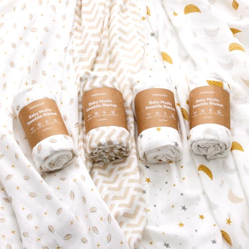 Momcozy Muslin Swaddle Blankets 4 Pack Neutral Star Print