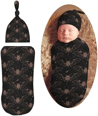 Night Bat Moon Newborn Swaddle Blanket Hat Set