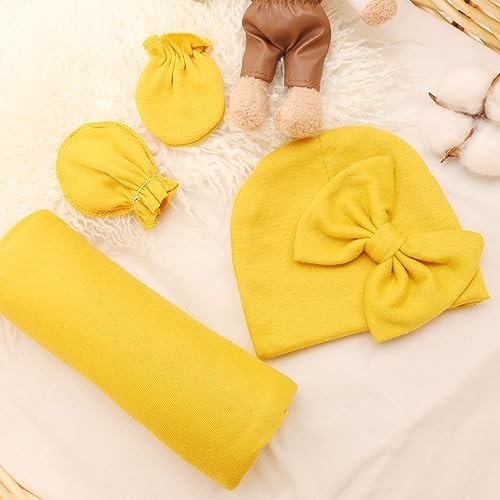 AQOKKA Newborn Swaddle Blanket with Bow Hat Mittens Set